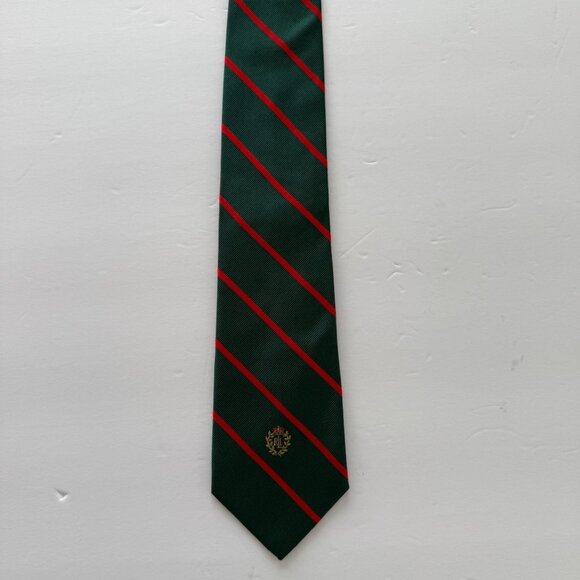Vintage Lauren Ralph Lauren Green Red Striped Silk Tie Crest Design 100% Silk - Picture 1 of 4
